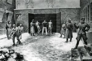 Egzekucja pod Ścianą Straceń na dziedzińcu bloku nr 11, obraz byłego więźnia Władysława-Siwka