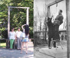 Japończycy fotografują się obok szubienicy, na której został stracony Rudolf Höss